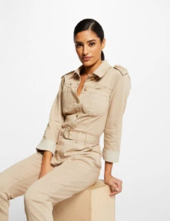 Combinaison Droite Ceinturée Beige Femme