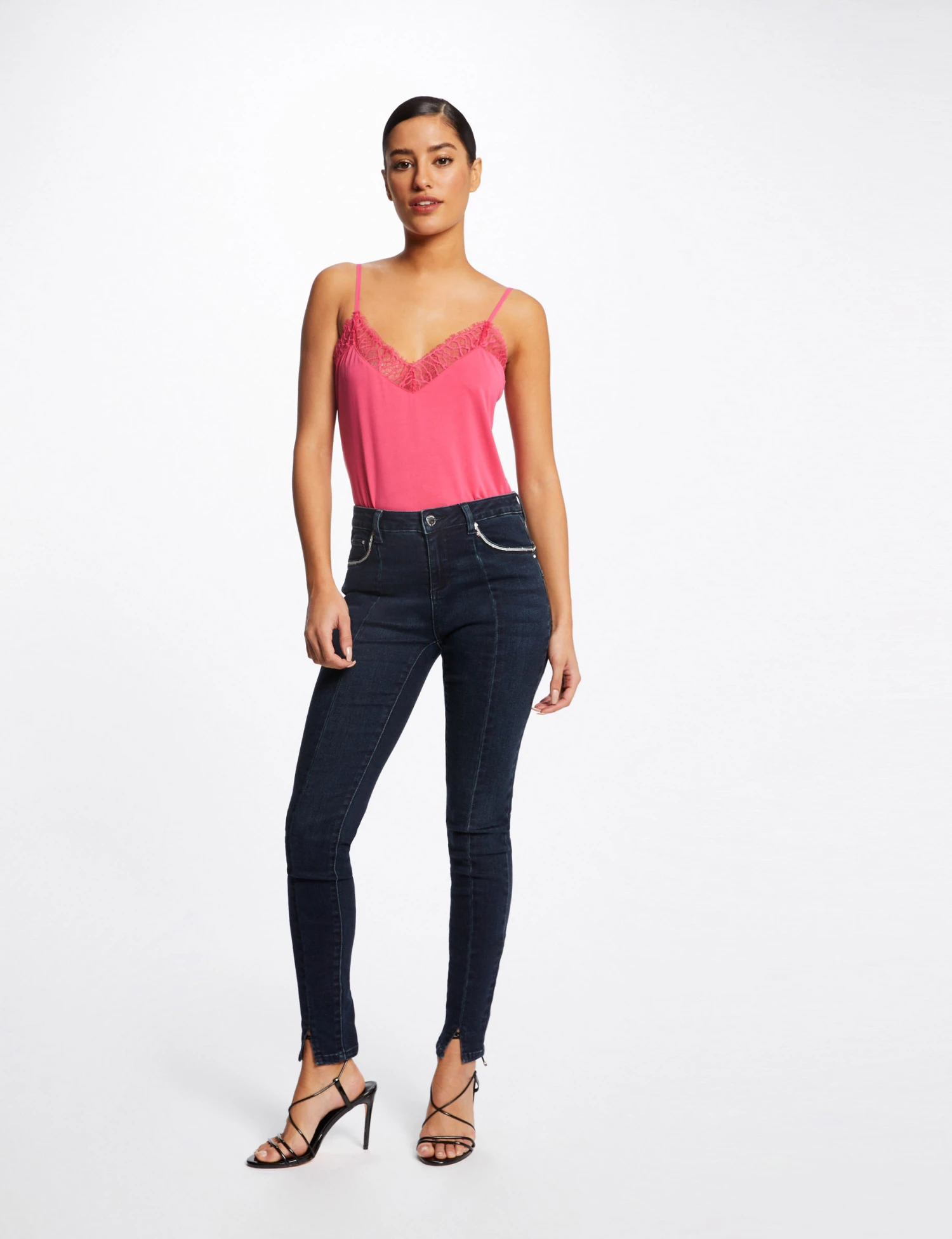 Débardeur Bretelles Fines Avec Dentelle Rose Moyen Femme – Image 3
