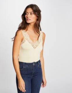 Débardeur Bretelles Larges Avec Dentelle Jaune Paille Femme