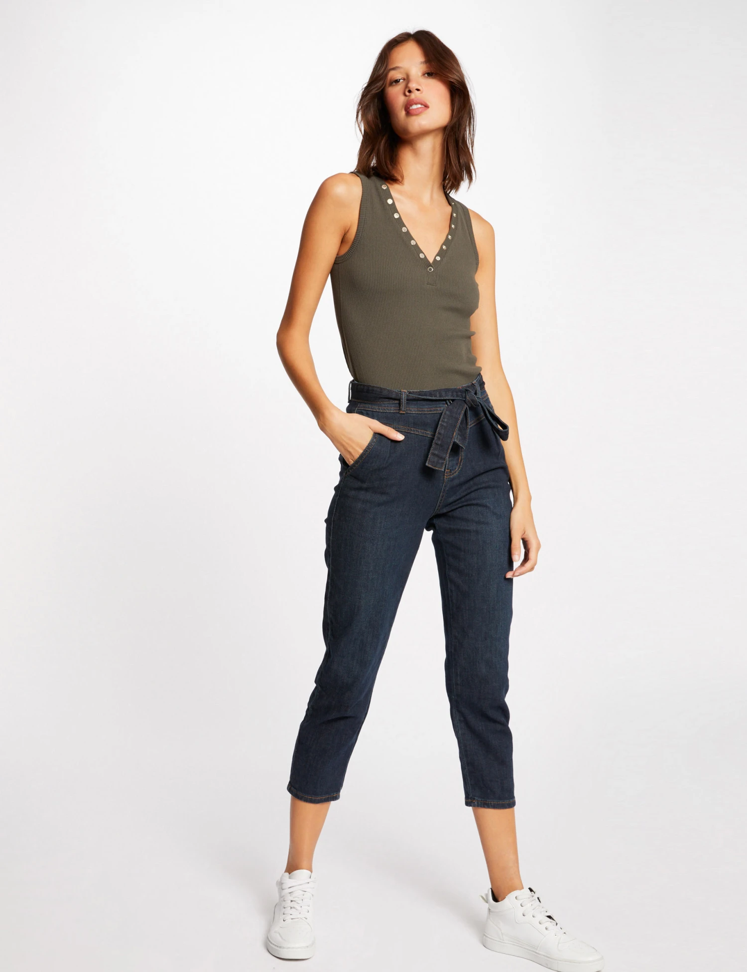 Débardeur Bretelles Larges Effet Côtelé Vert Kaki Femme – Image 3