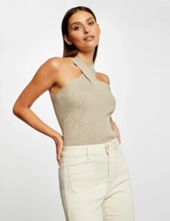 Débardeur Pull Bretelles Croisées Au Col Beige Clair Femme