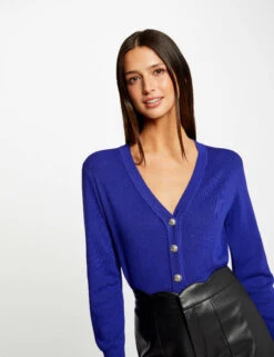 Gilet Col En V Manches Longues Bleu Moyen Femme