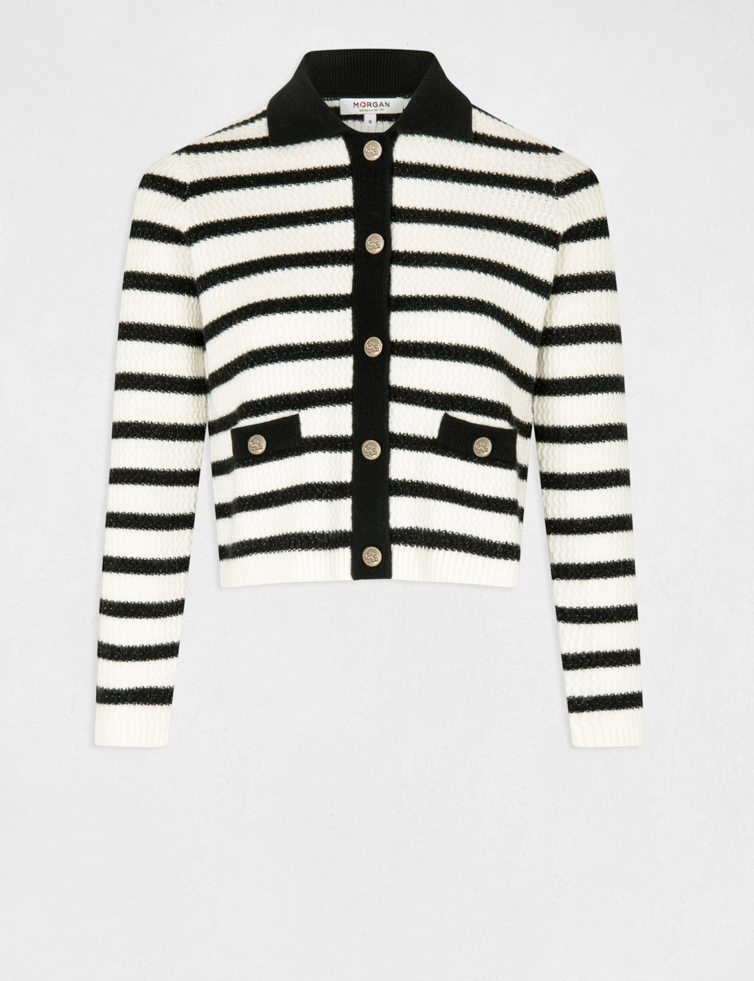 Gilet Droit Boutonné à Rayures Ecru Femme – Image 4