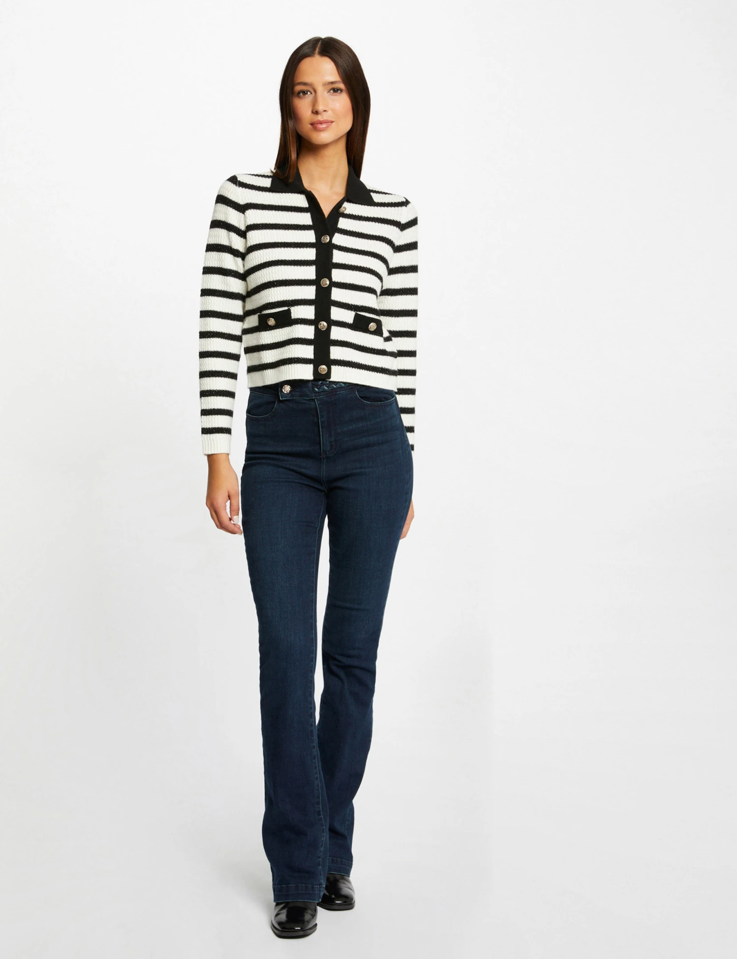 Gilet Droit Boutonné à Rayures Ecru Femme – Image 3