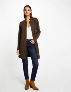 Gilet Long Droit Col Ouvert Vert Fonce Femme