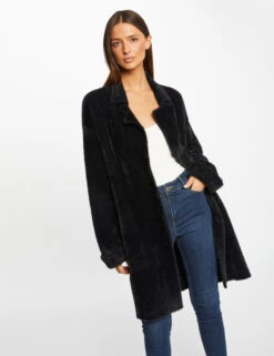 Gilet Long Droit Maille Duveteuse Noir Femme