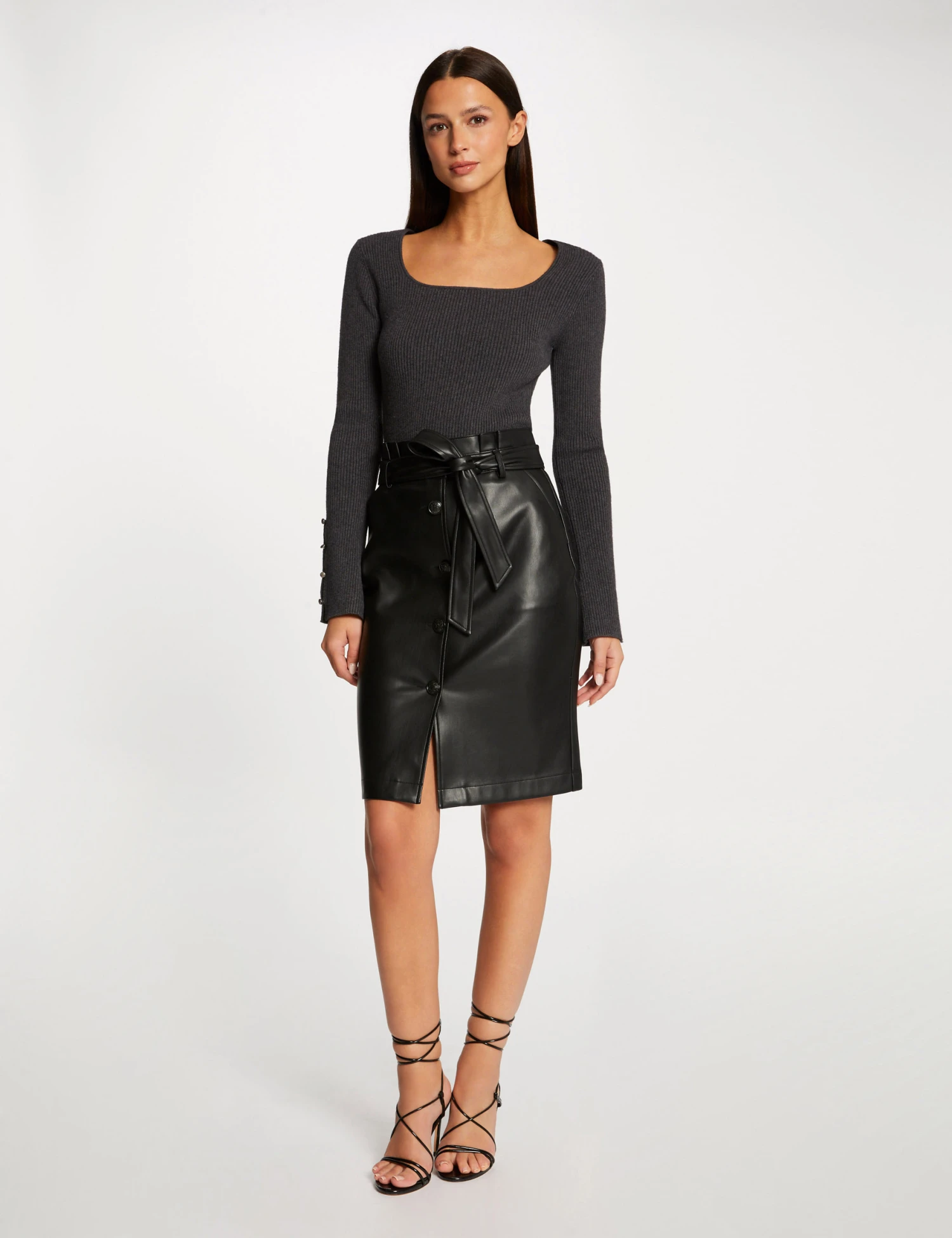 Jupe Droite Ceinturée Simili Cuir Noir Femme