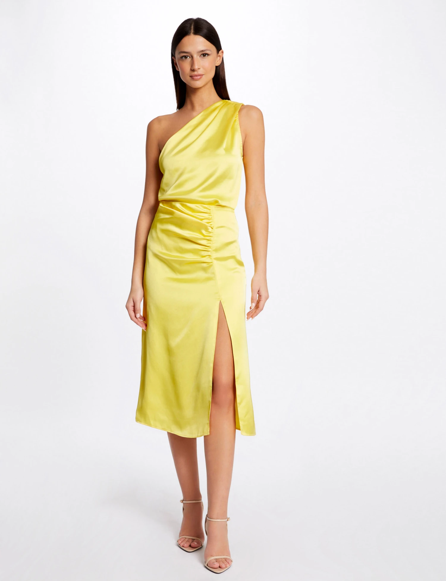 Jupe Droite Satin Fendue Jaune Moyen Femme