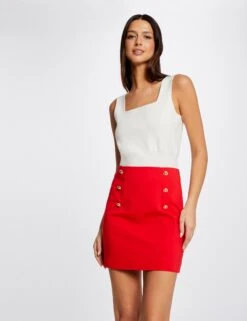 Jupe Droite Taille Haute Ă Ponts Rouge Femme