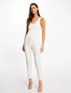 Pantalon City Ajusté 7/8ème à Rayures Ecru Femme