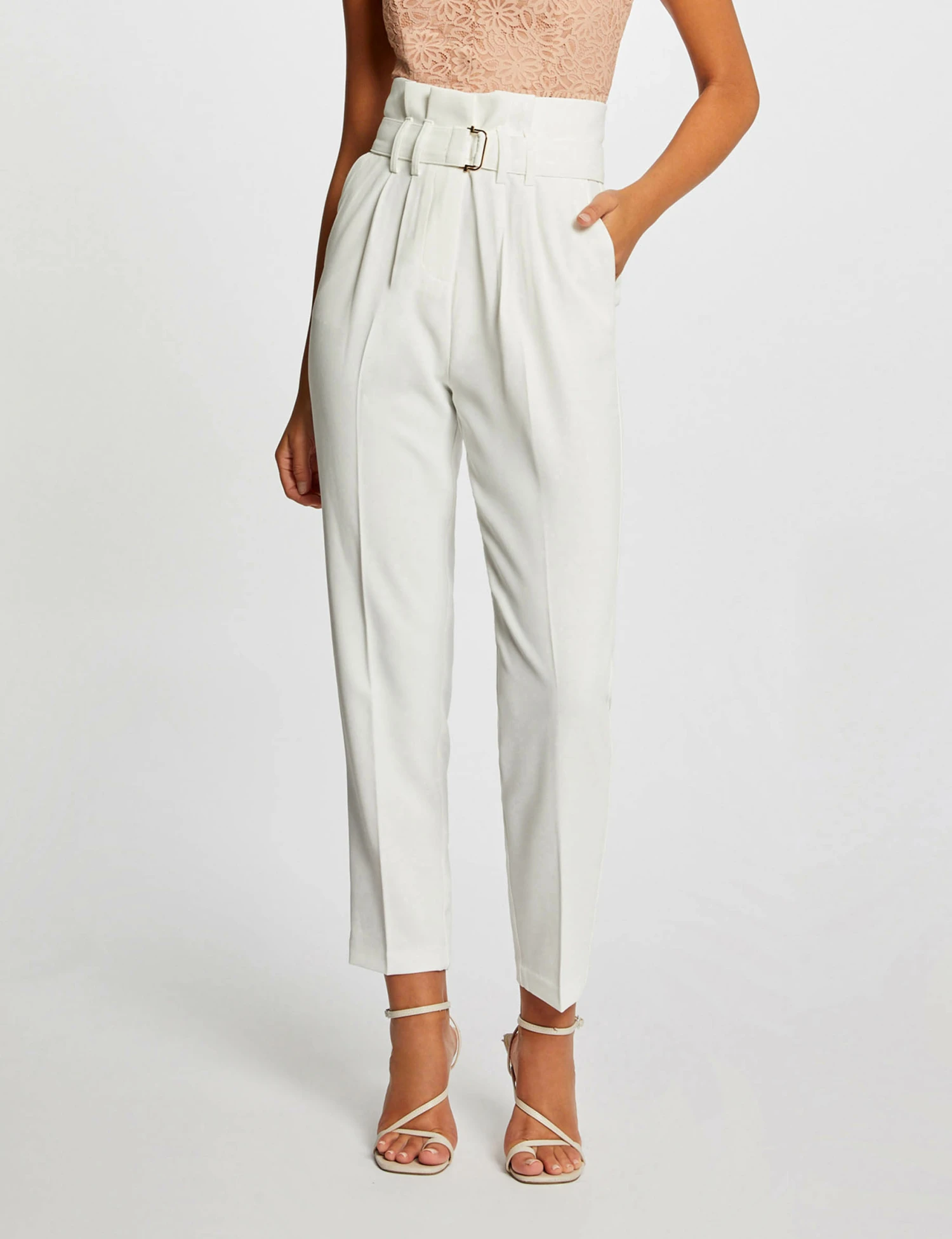 Pantalon Paperbag Ceinturé Ecru Femme – Image 3