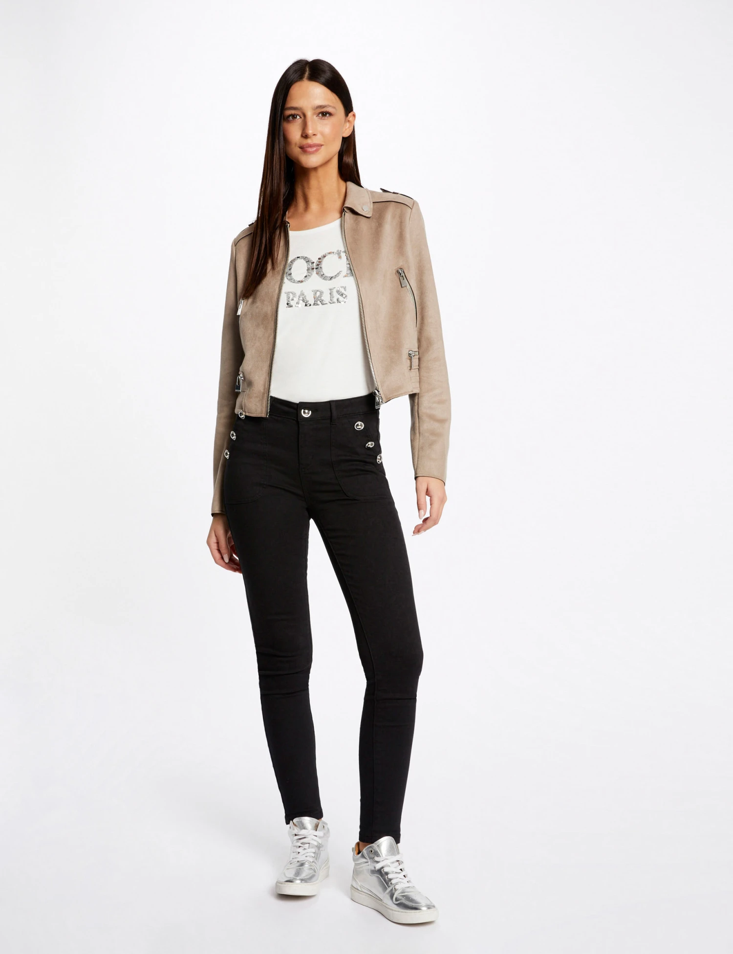 Pantalon Skinny Boutons Aux Poches Noir Femme