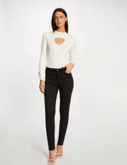 Pantalon Skinny Enduit à Détails Velours Noir Femme