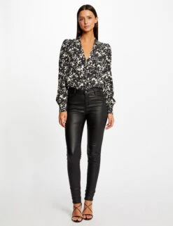 Pantalon Skinny Enduit à Détails Vinyle Noir Femme