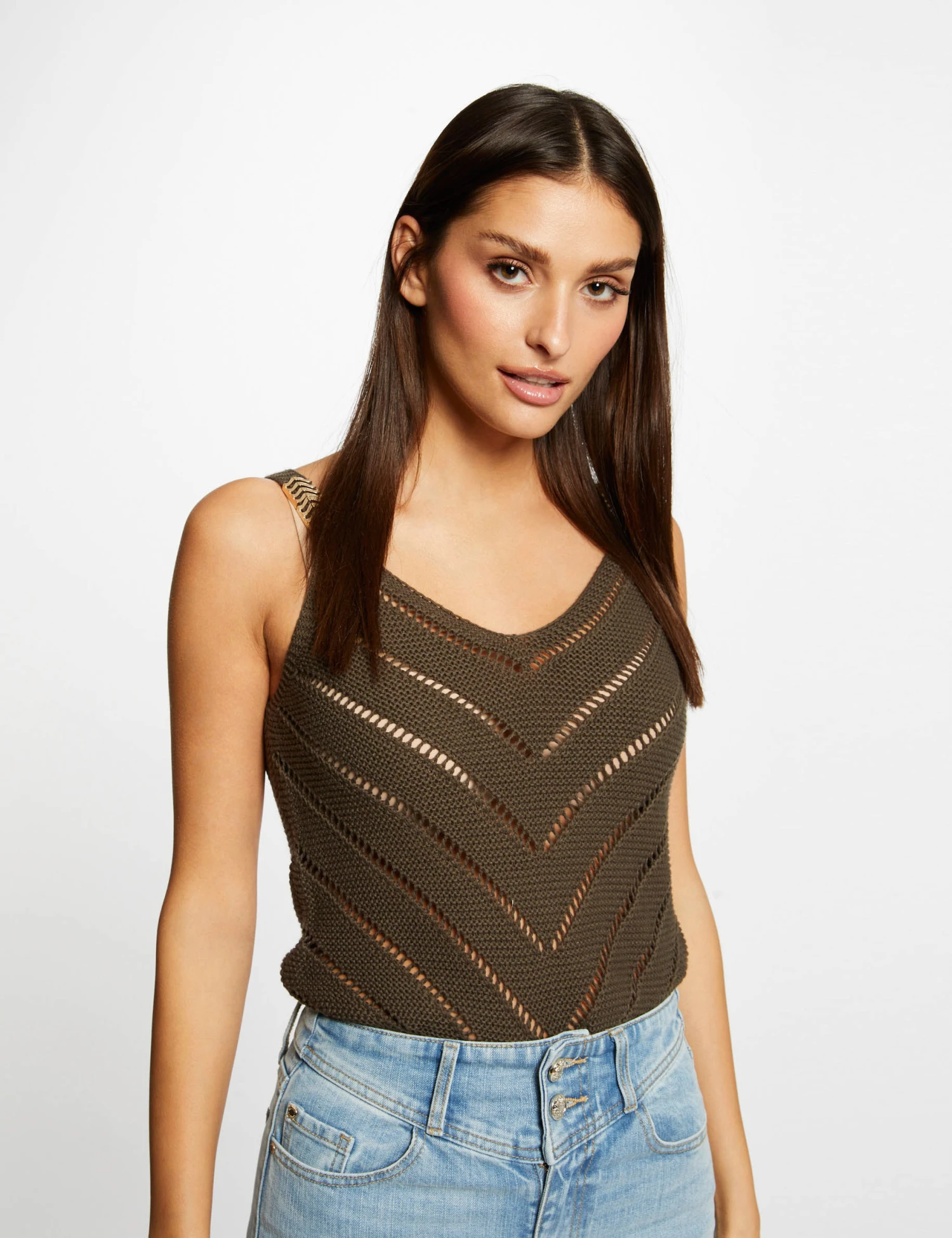 Pull Débardeur à Ornements Métalliques Vert Kaki Femme