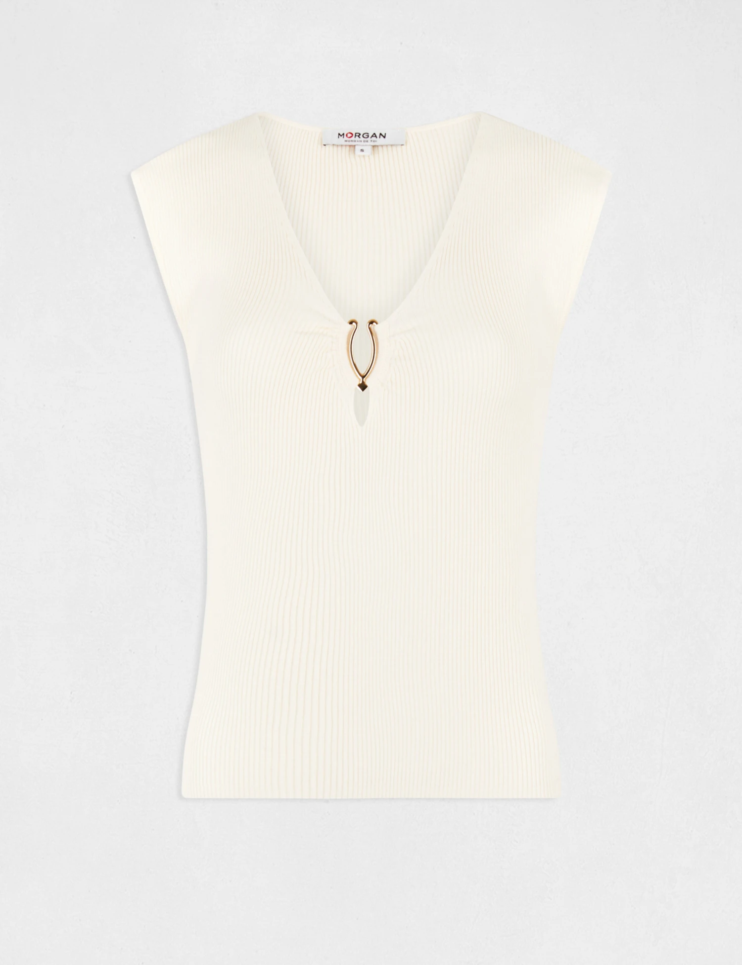 Pull Manches Courtes Col Détail Bijou Ecru Moyen Femme – Image 4