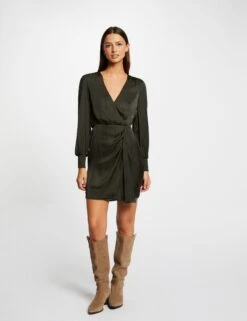 Robe Cintrée Drapée Satin Vert Fonce Femme