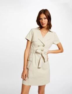 Robe Droite Boutonnée Ceinturée Beige Femme