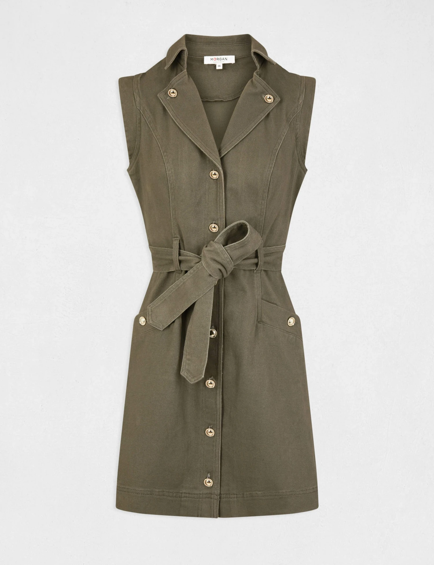 Robe Droite Boutonnée Ceinturée Vert Kaki Femme – Image 5