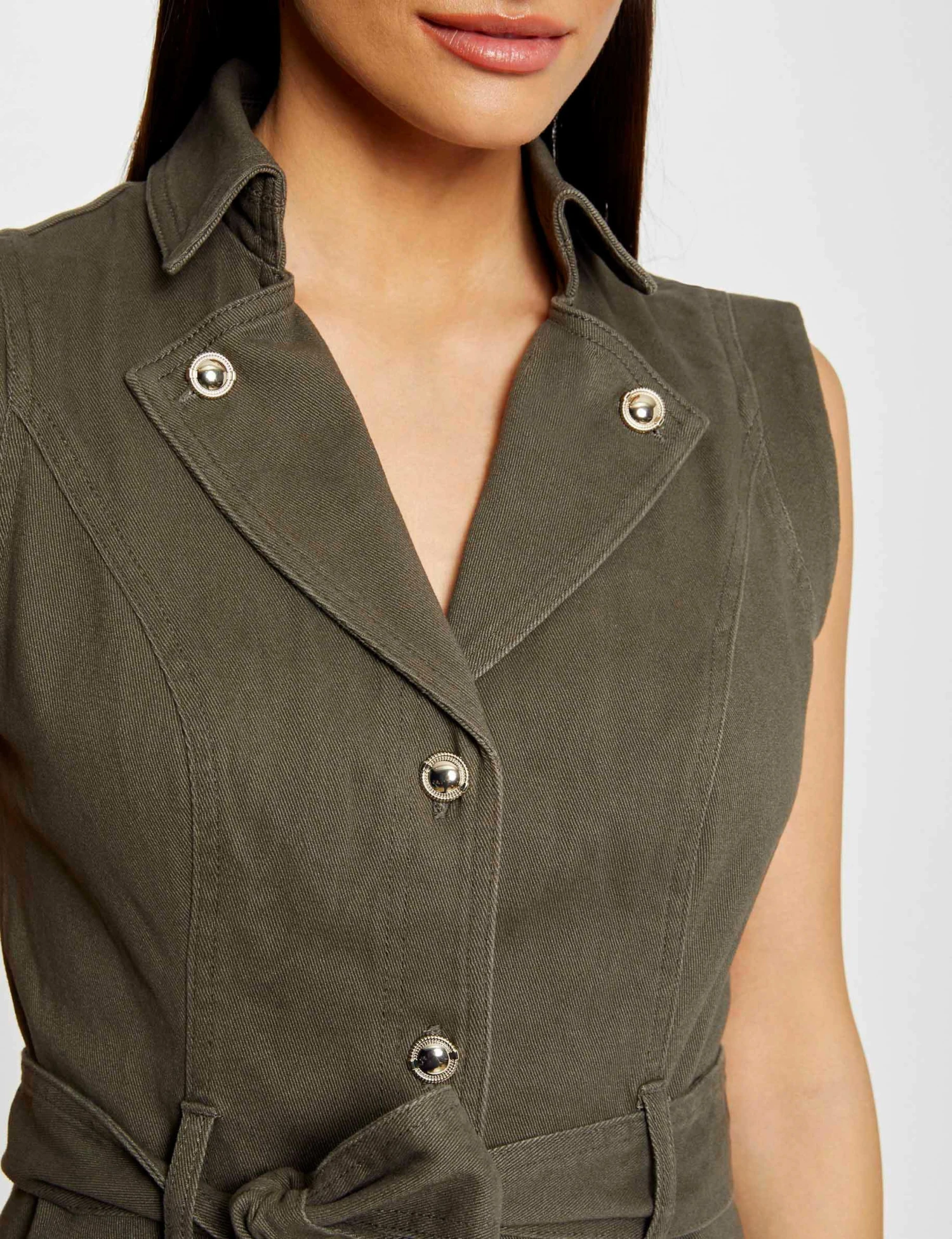 Robe Droite Boutonnée Ceinturée Vert Kaki Femme – Image 3