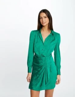 Robe Droite Drapée Satinée Imprimée Vert Femme