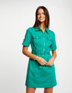 Robe Droite Manches Courtes Ceinturée Vert Moyen Femme