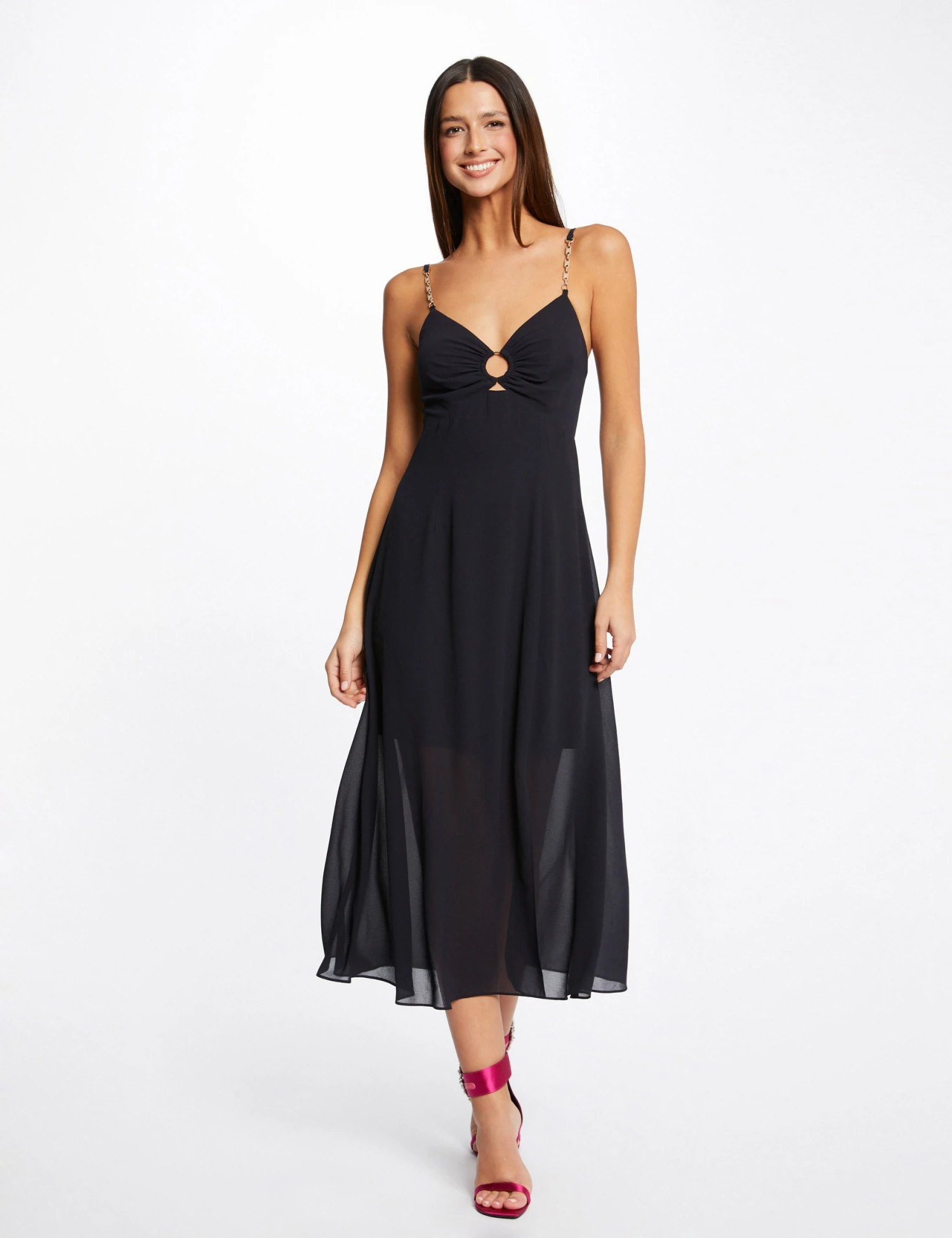 Robe Midi évasée Bretelles Chaînes Marine Femme