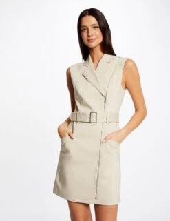 Robe Portefeuille Zippée Ceinturée Beige Clair Femme