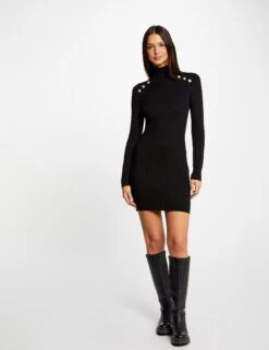 Robe Pull Ajustée Col Roulé Et Boutons Noir Femme