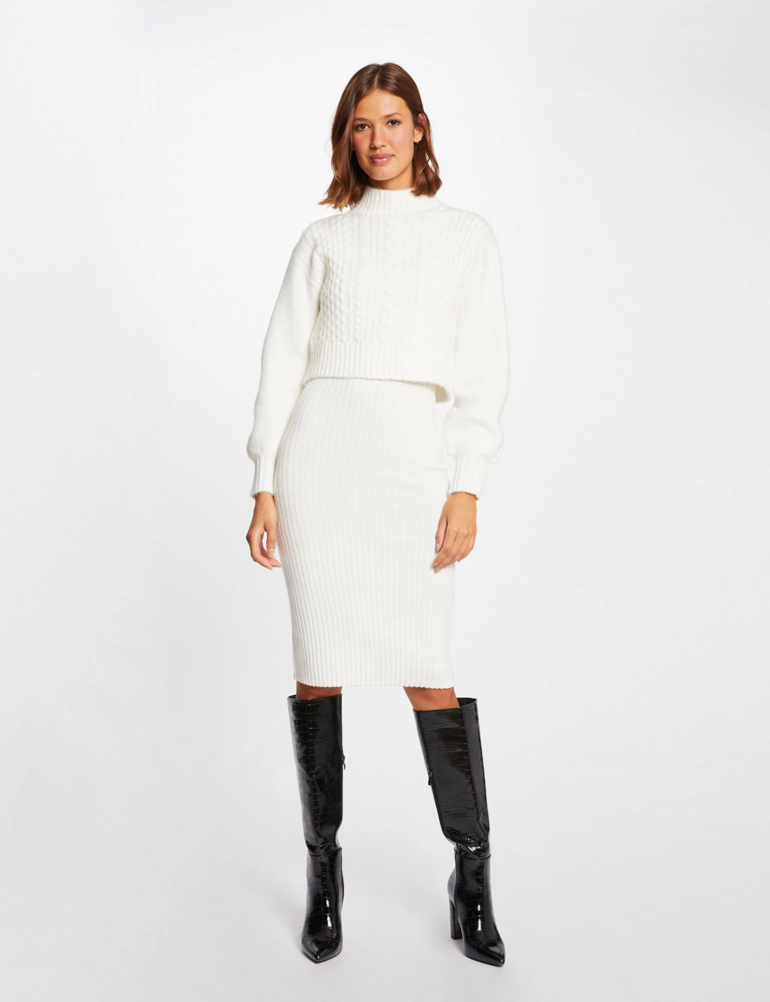 Robe Pull Ajustée Effet 2-en-1 Ecru Femme