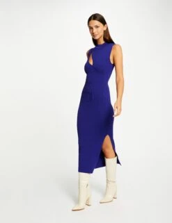 Robe Pull Longue Ajustée Avec Fente Bleu Moyen Femme