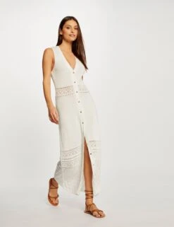 Robe Pull Longue Droite Sans Manches Ecru Femme