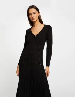 Robe Pull Midi Patineuse Bas Plissé Noir Femme