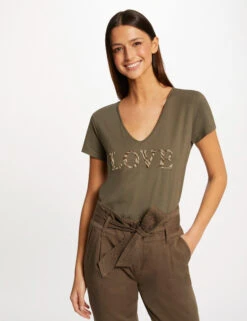 T-shirt à Manches Courtes Vert Kaki Femme