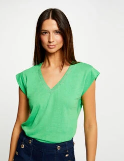 T-shirt Manches Courtes Ă Col En V Vert Femme