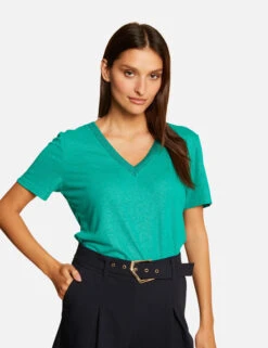 T-shirt Manches Courtes Ă Col En V Vert Moyen Femme