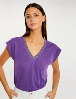 T-shirt Manches Courtes Ă Col En V Violet Fonce Femme
