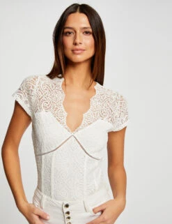 T-shirt Manches Courtes Ă Dentelle Ecru Femme