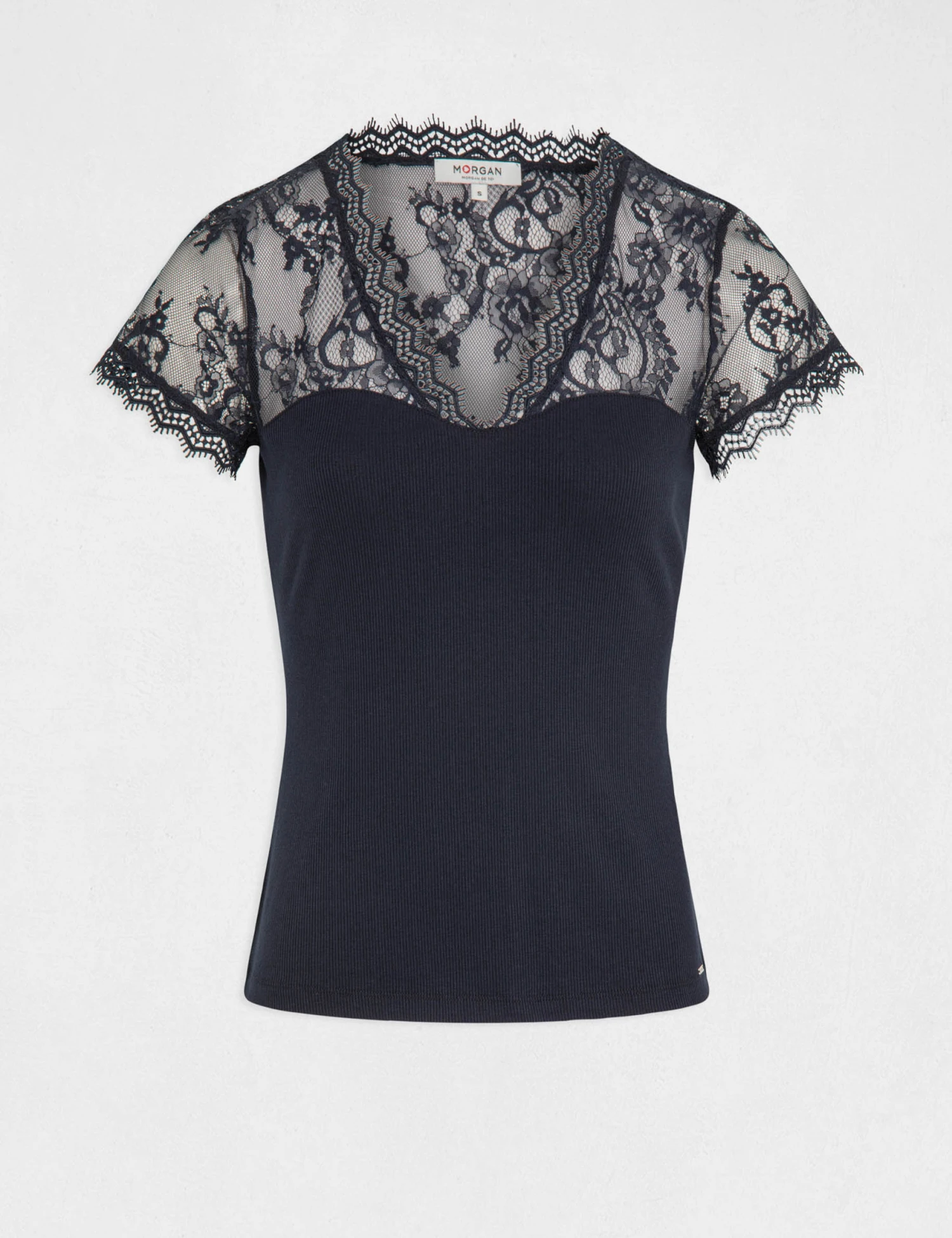 T-shirt Manches Courtes à Dentelle Marine Femme – Image 4