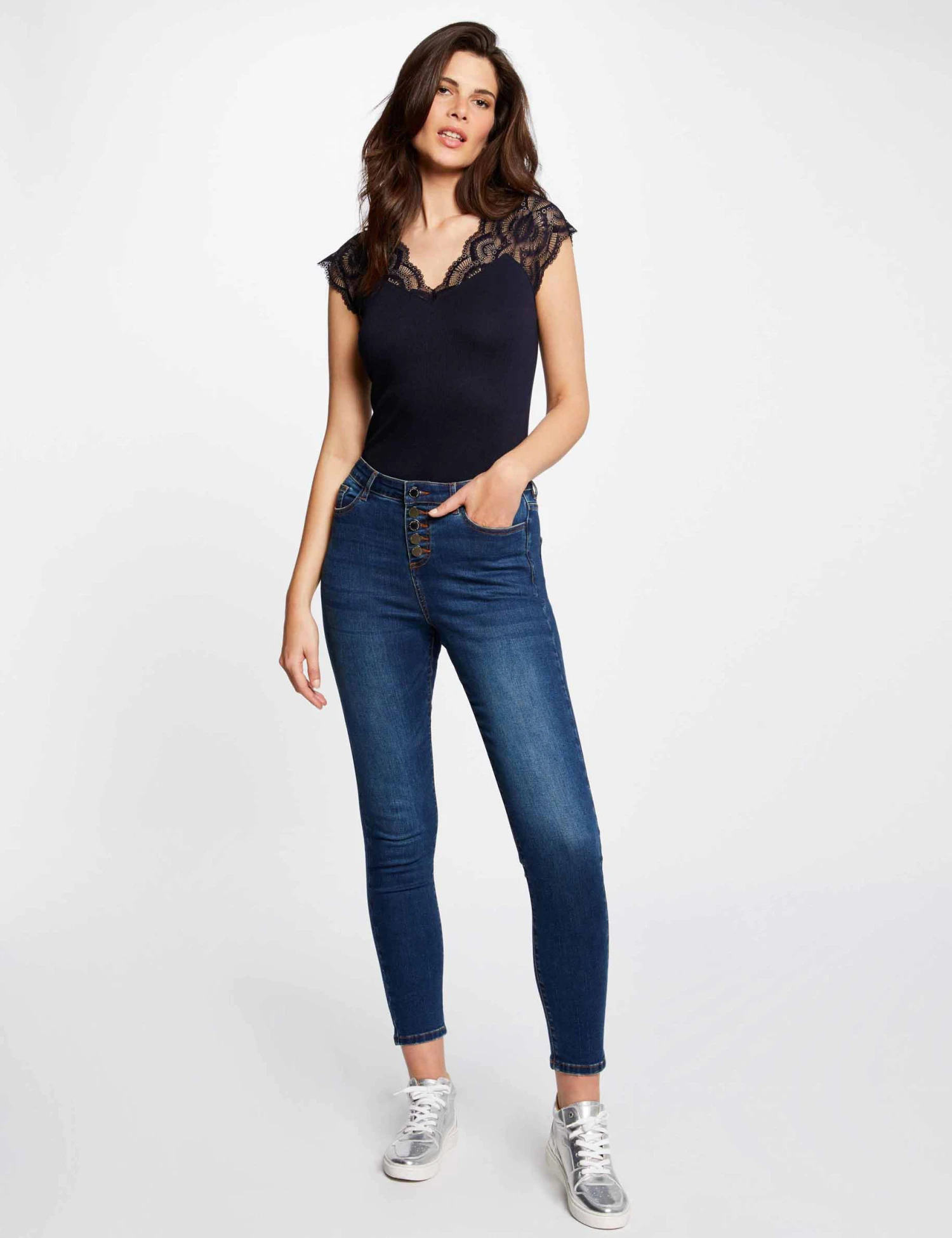 T-shirt Manches Courtes à Dentelle Marine Femme – Image 3