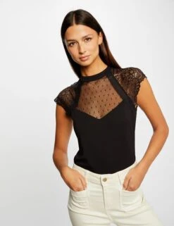 T-shirt Manches Courtes Ă Dentelle Noir Femme
