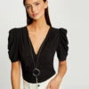 T-shirt Manches Courtes à Détail Bijou Noir Femme