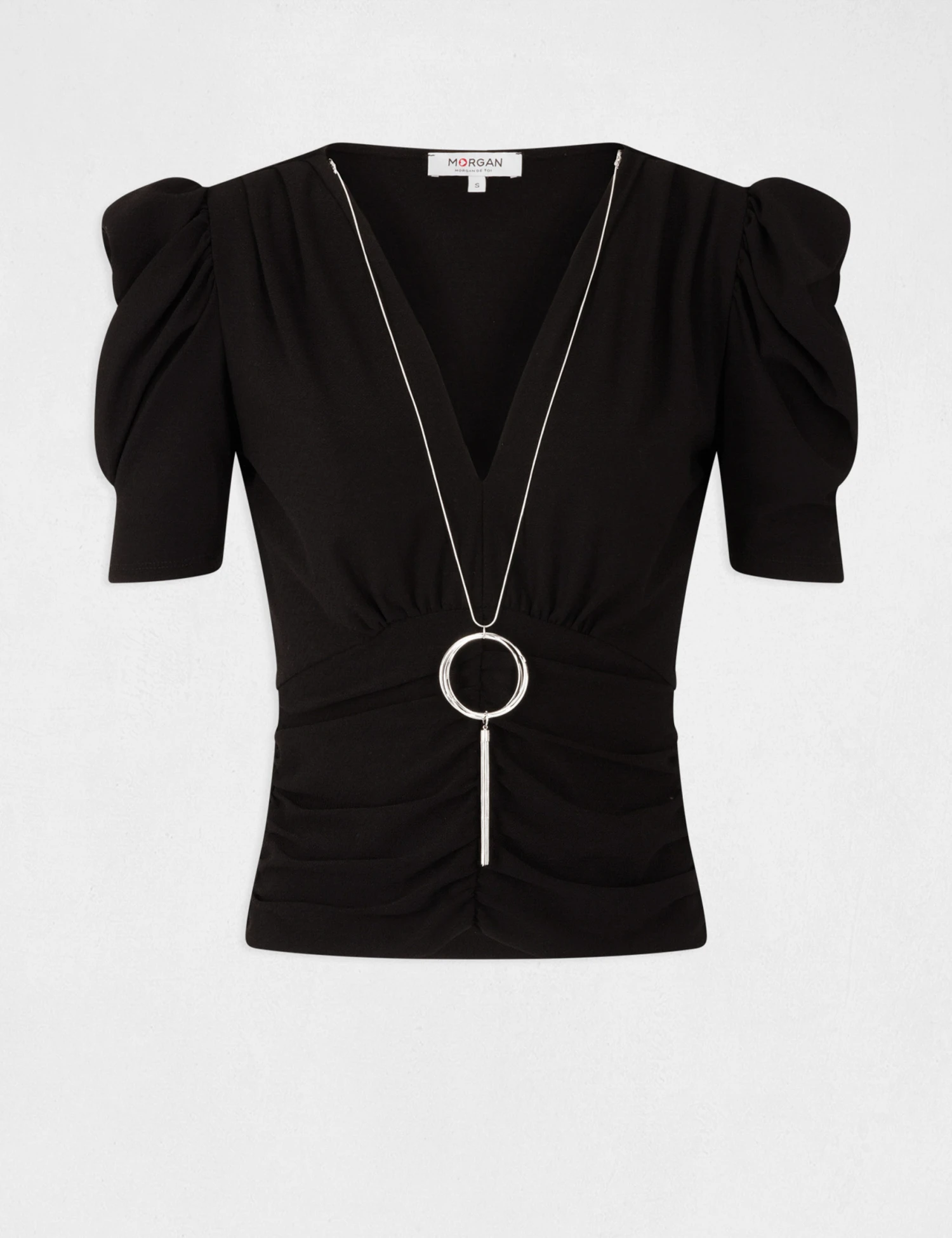 T-shirt Manches Courtes à Détail Bijou Noir Femme – Image 4