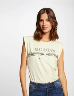 T-shirt Manches Courtes Ă Inscription Jaune Paille Femme