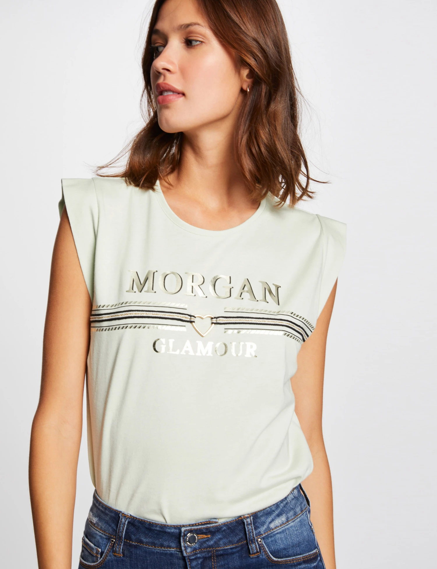 T-shirt Manches Courtes Ă Inscription Vert Clair Femme