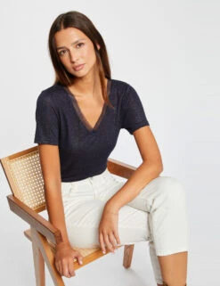 T-shirt Manches Courtes à Paillettes Marine Femme