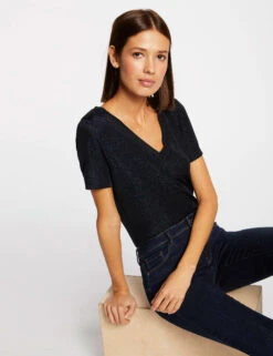 T-shirt Manches Courtes Avec Col En V Marine Femme