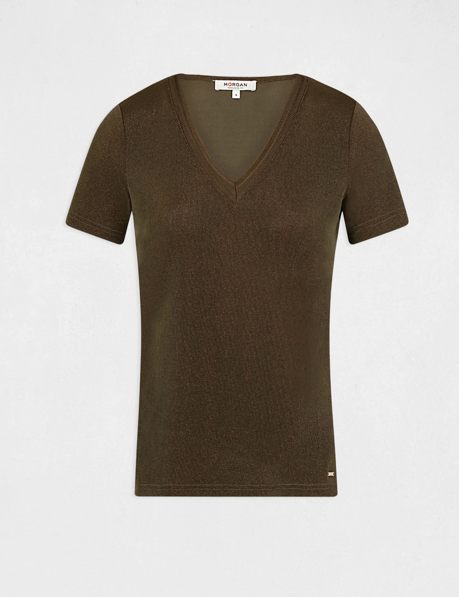 T-shirt Manches Courtes Avec Col En V Taupe Femme – Image 4