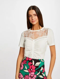 T-shirt Manches Courtes Avec Dentelle Ecru Femme