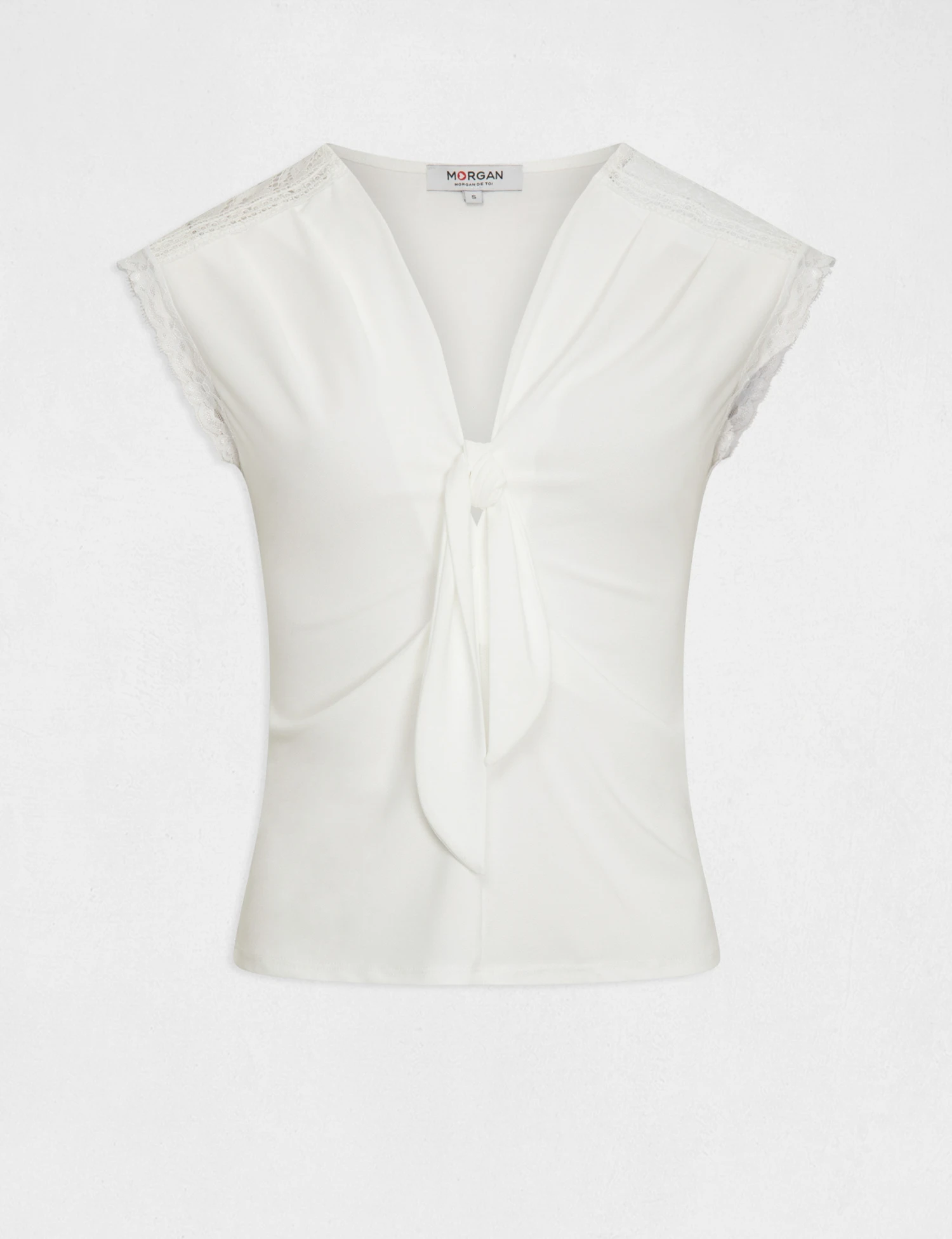 T-shirt Manches Courtes Avec Noeud Ecru Femme – Image 4